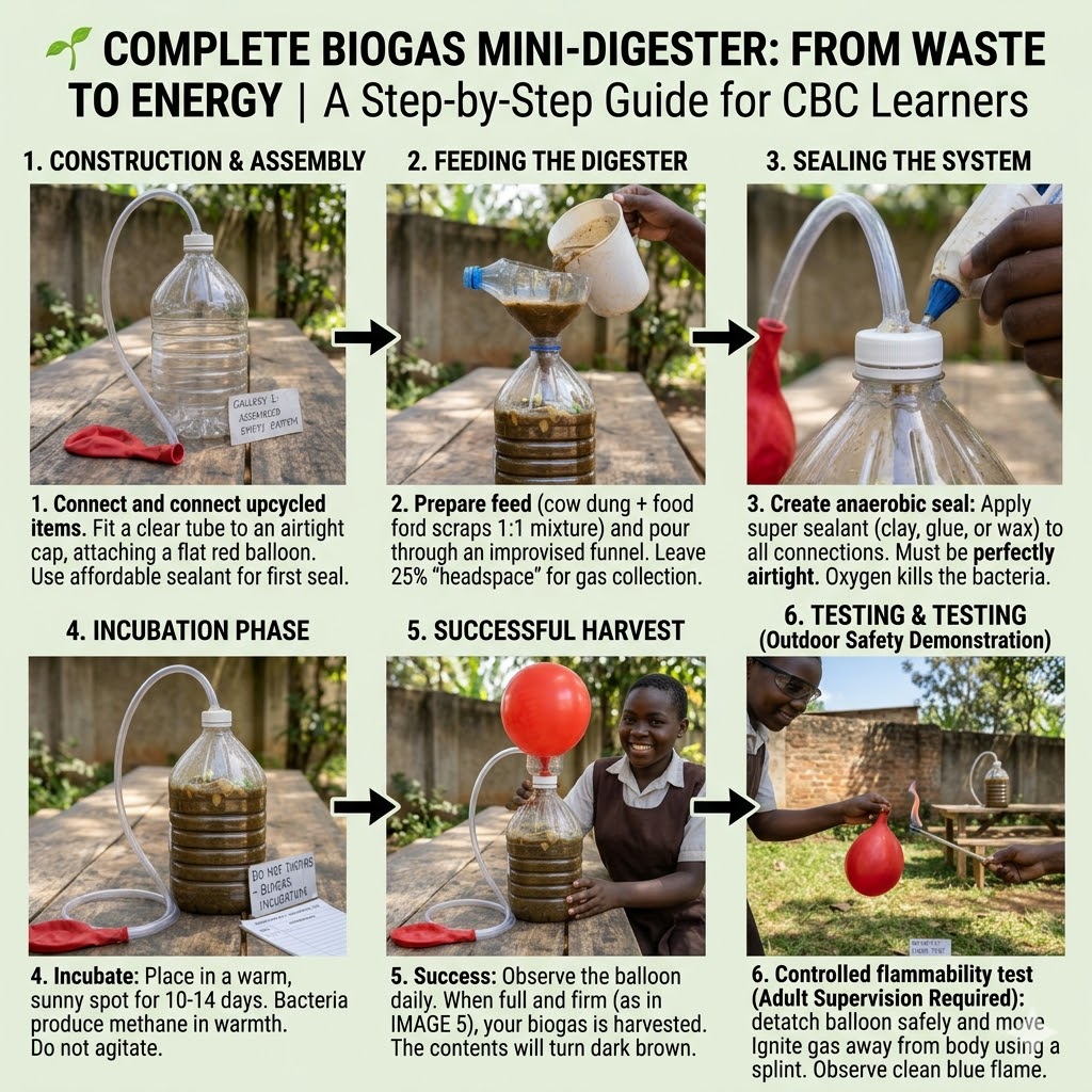 Mini biogas digester with inflated balloon capturing methane