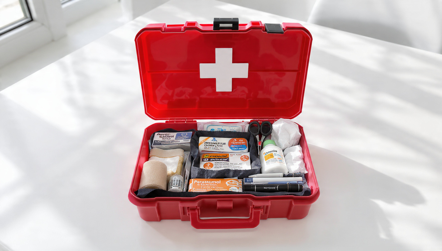 Complete first aid kit with bandages, antiseptic, scissors