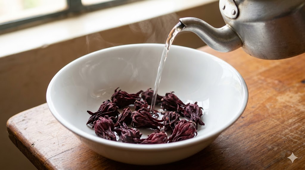 Dried hibiscus petals steeping in hot water