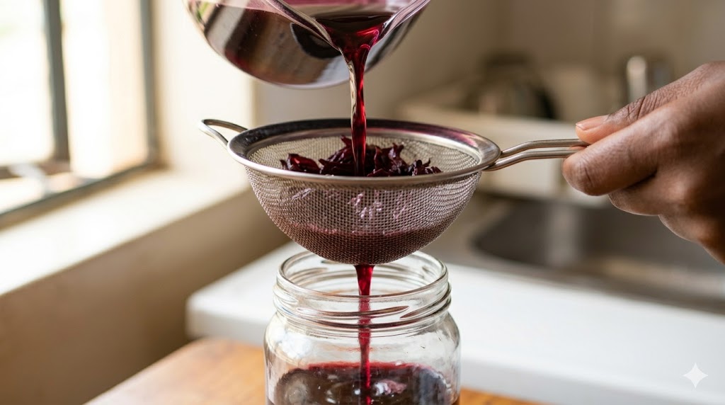 Pouring hibiscus liquid through a strainer into a clear container