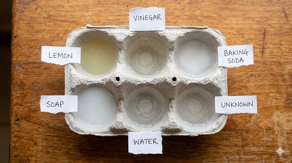 Labelled egg tray sections containing different test liquids