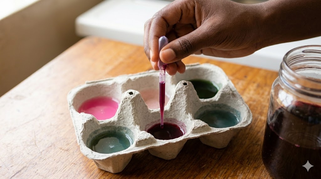 Dropping hibiscus indicator into test containers with a pipette