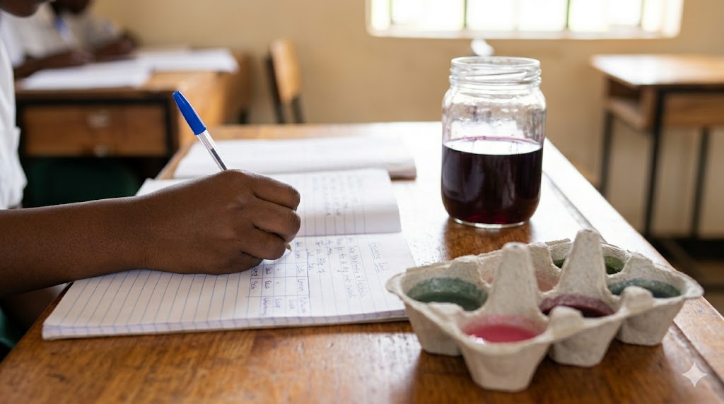 Student writing colour observations into a lab notebook