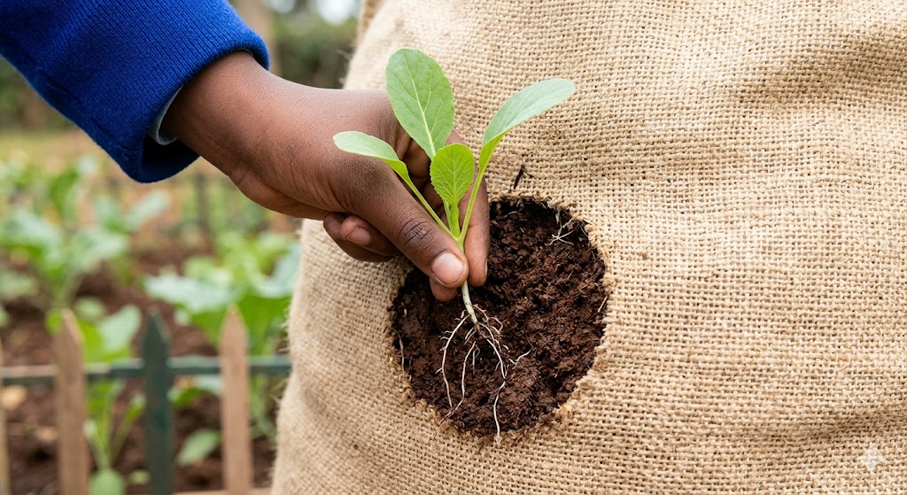 Seedling inserted into sack hole