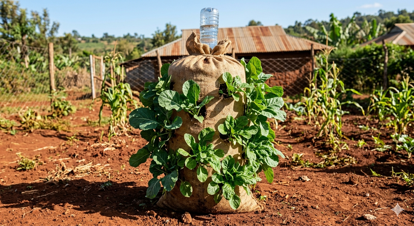 Vertical bag garden with lush green vegetables